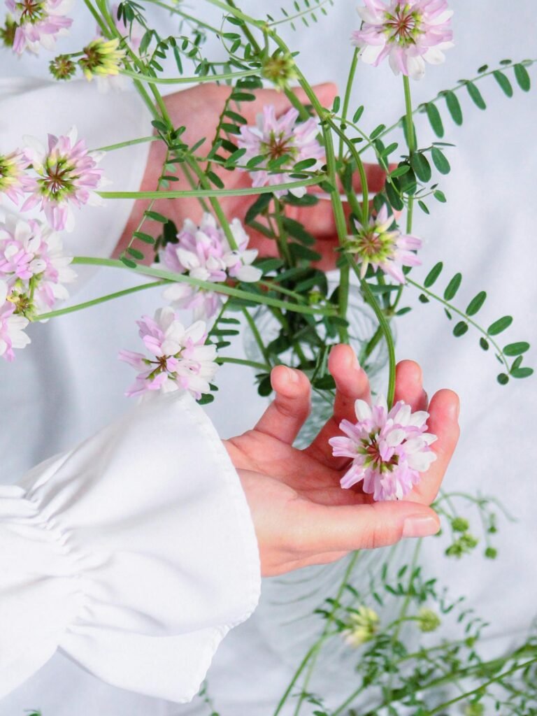 A close-up of hands gently holding pink flowers, creating a serene floral composition.